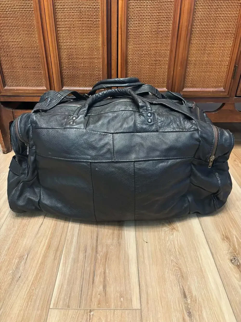70s Vintage Large Black Genuine Cowhide Leather Travel Duffle Weekender Bag